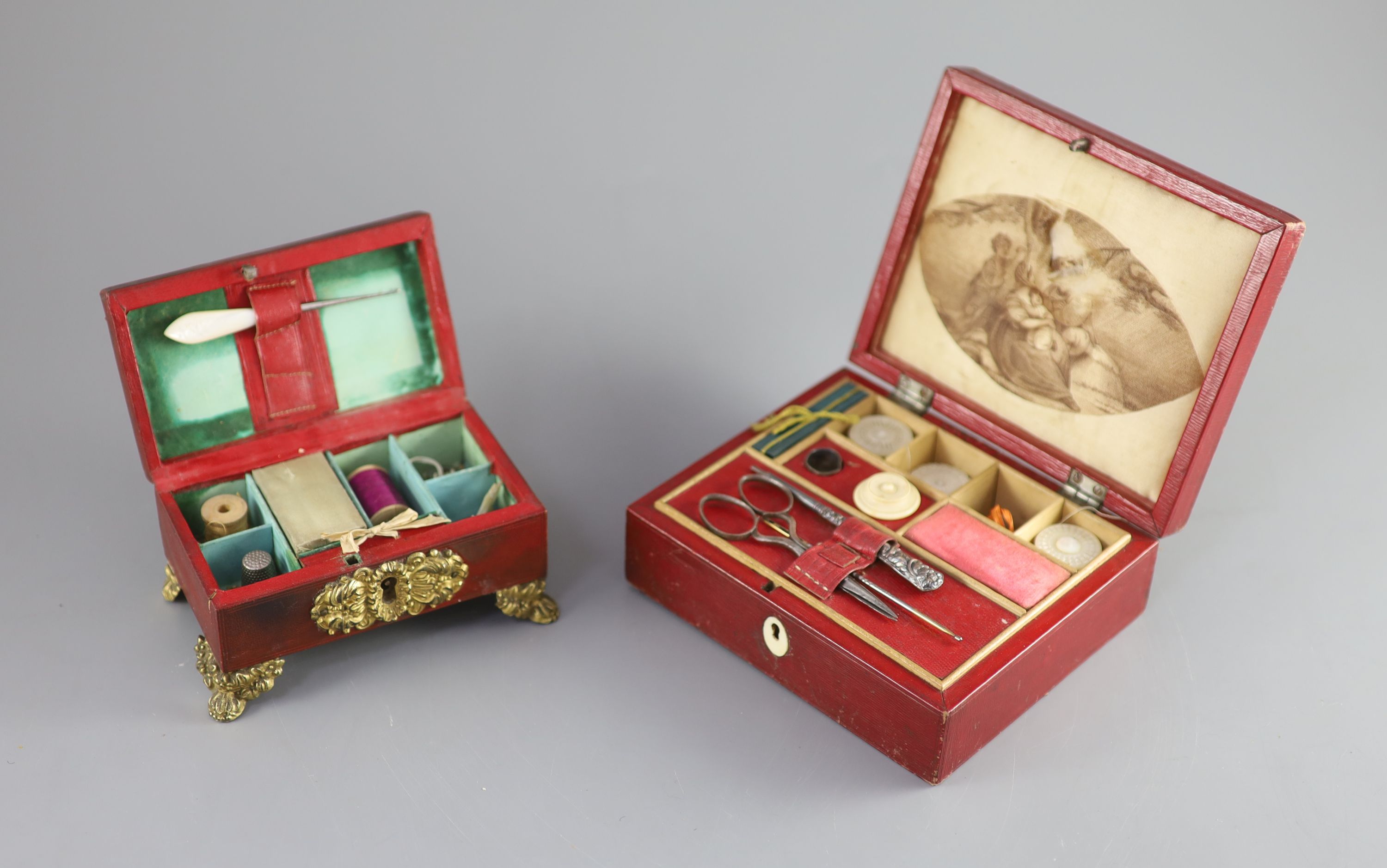Two early 19th century red leather work boxes with assorted fittings